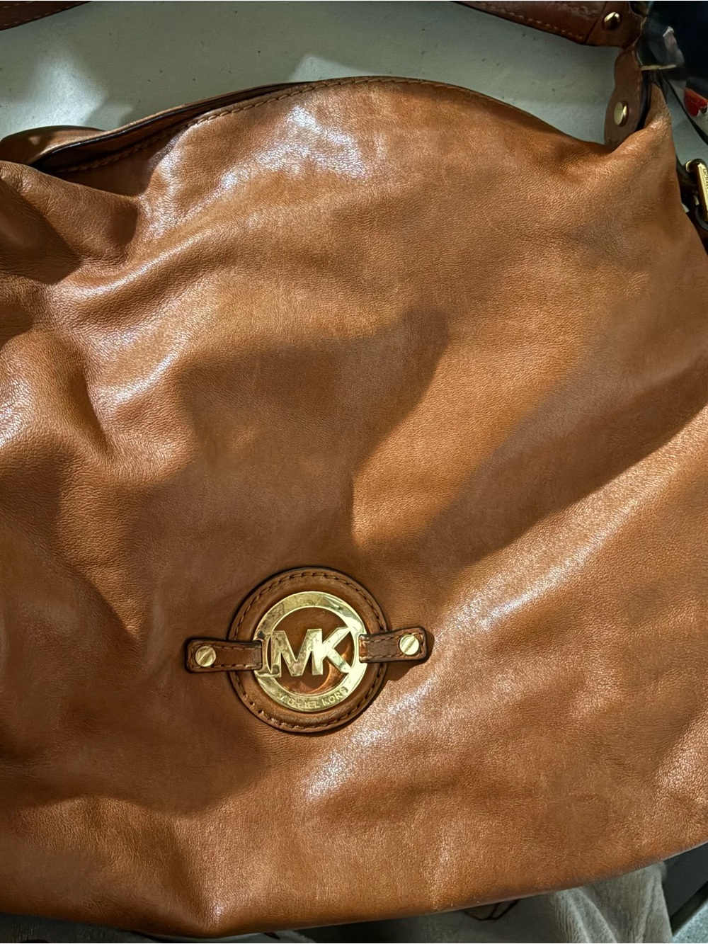 Michael Kors Brown Leather Messenger Bag with Gold Hardware